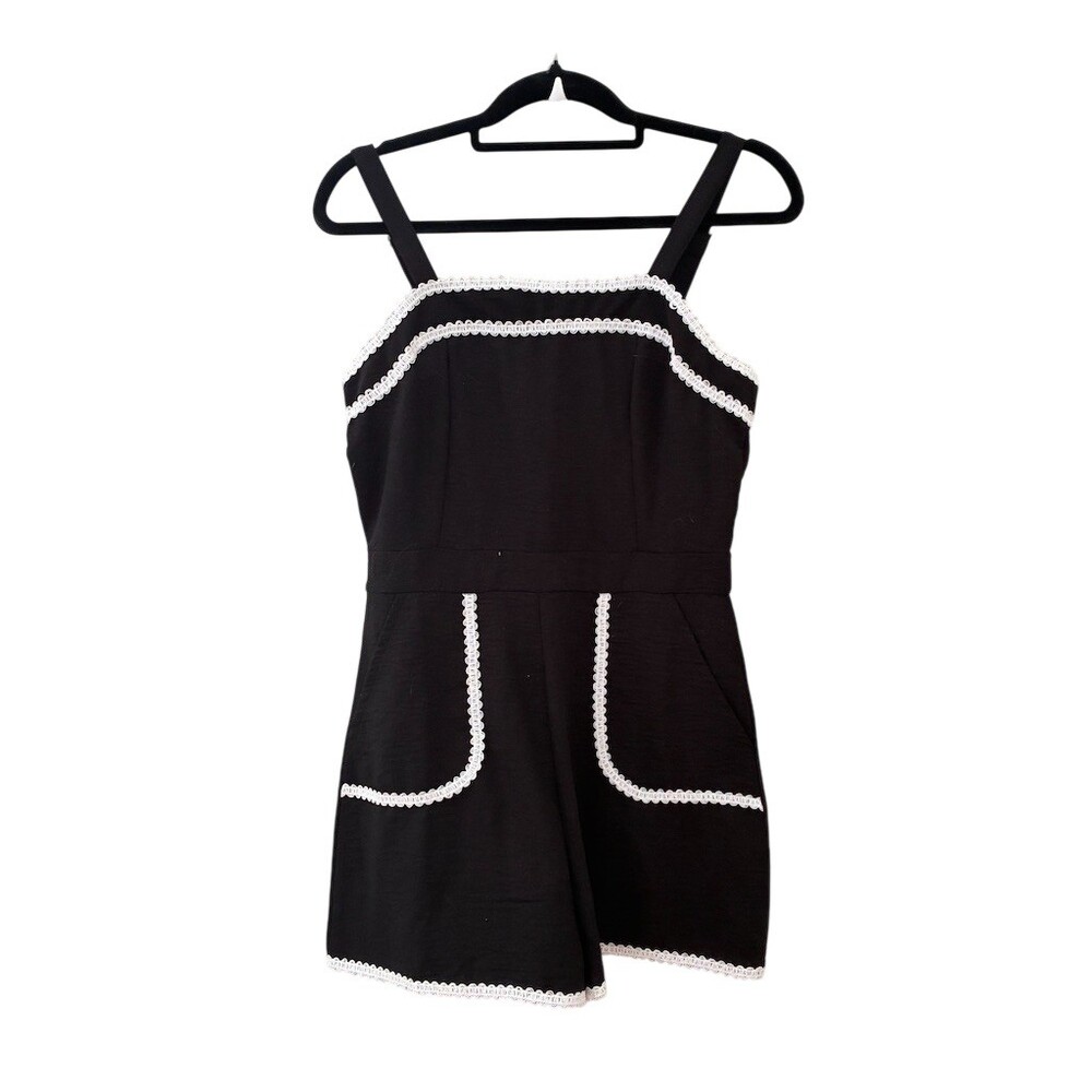 No Comment Romper Womens Size M Black White Scalloped Trim Pockets Retro